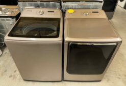 Samsung 5.4 cu. ft. Top Load Washer with Super Speed & 7.4 cu. ft. Electric Dryer with Steam Sanitize+ in Champagne Set