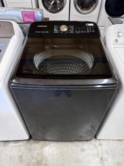 Samsung 28 Inch Top Load Washer with 5.0 Cu. Ft. Capacity, Super Speed, Active WaterJet, EZ Access, VRT Plus™ Technology, 12 Wash Cycles, Deep Fill, Smart Care, Child Lock, and ENERGY STAR® Certified: Fingerprint Resistant Black Stainless Steel