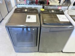 Samsung 5.0 cu. ft. Top Load Washer with Super Speed & 7.4 cu. ft. Electric Dryer with Steam Sanitize+ in Black Stainless